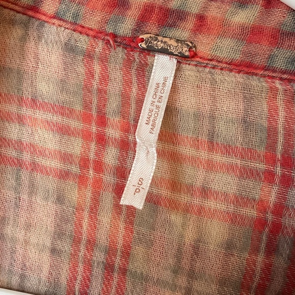 Free People Orange Gauze Plaid Button Down Top Size Small - Picture 4 of 7